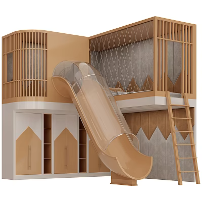 Kids Wooden Bunk Bed With Slide Ladder And Storage Cabinets In Playroom 3d model