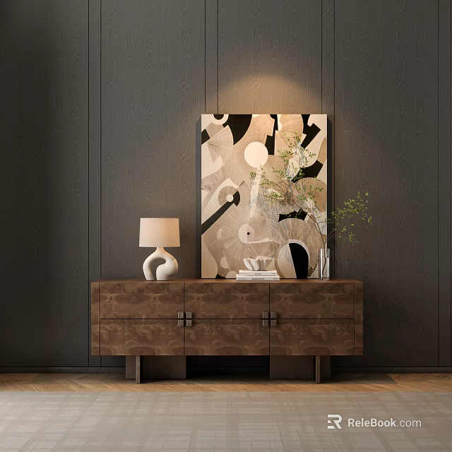Modern Minimalist Entryway Wooden Console Table With White Lamp Vase Green Plant And Abstract Painting 3d model 