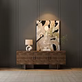 Modern Minimalist Entryway Wooden Console Table With White Lamp Vase Green Plant And Abstract Painting