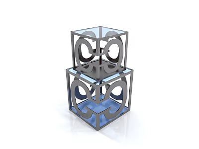 Modern Stacked Cube Bedside Table With Geometric Cutout Design And Blue Black Finish 3d model