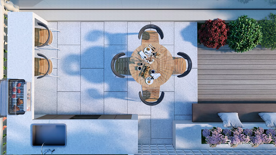 Patio Garden Featuring Round Wooden Table Four Chairs Red Shrubs Purple Flowers Gray Stone Tiles 3d model 