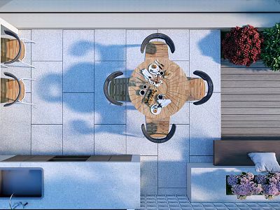 Patio Garden Featuring Round Wooden Table Four Chairs Red Shrubs Purple Flowers Gray Stone Tiles 3d model