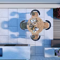 Patio Garden Featuring Round Wooden Table Four Chairs Red Shrubs Purple Flowers Gray Stone Tiles