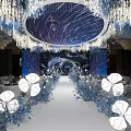 Elegant Banquet Hall Interior With Crystal Chandeliers Blue Floral Decor And White Stage