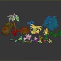 Cartoon Nature Scene Featuring Green Trees Various Leaves Colorful Flowers Small Plants And Wooden Stump