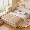 Modern Double Bed Interior With Striped Throw Pillows Table Lamp Decorative Shelves And Wooden Floor