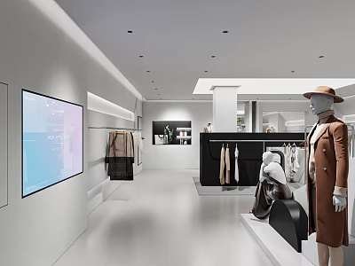 Modern Bright Clothing Store Interior With Mannequins Hanging Clothes And Large Screen 3d model