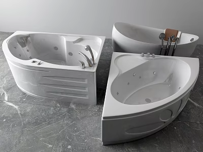 White Modern Whirlpool Bathtubs in Three Different Styles on Grey Marble Floor with Tools 3d model