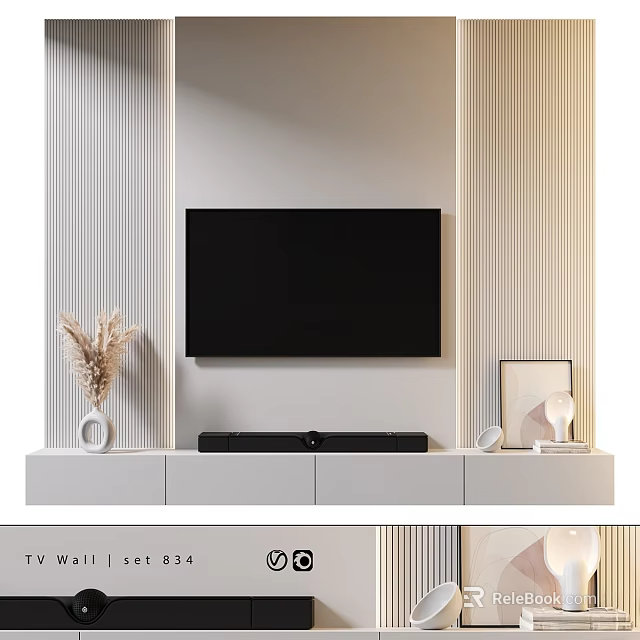 Light Colored TV Wall with Vertical Stripe Design White Cabinet and Decorative Items 3d model 