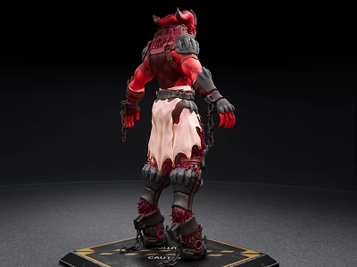 Red Black Demon Warrior With Horns Armored Leather Outfit On Golden Emblem Base 3d model