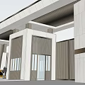 Modern Building Entrance Gate Design With Geometric Walls Glass Doors And Overhanging Roof
