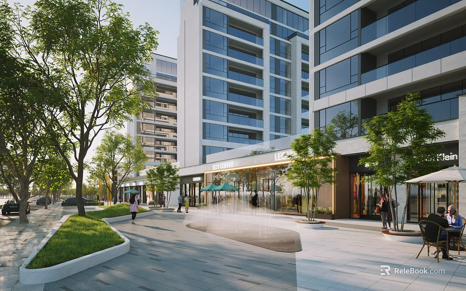 Modern Commercial Street With High Rise Buildings Green Trees Pedestrians And Scenic Walkway 3d model 
