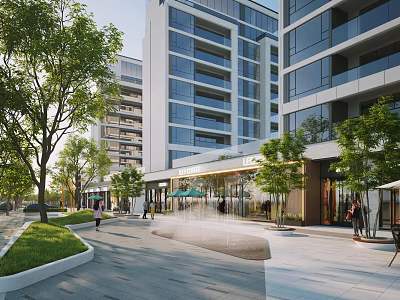 Modern Commercial Street With High Rise Buildings Green Trees Pedestrians And Scenic Walkway 3d model