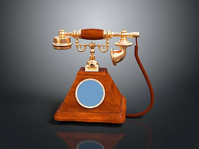 Vintage Wooden Telephone With Gold Accents Blue Dial And Red Cord Classic Design 3d model