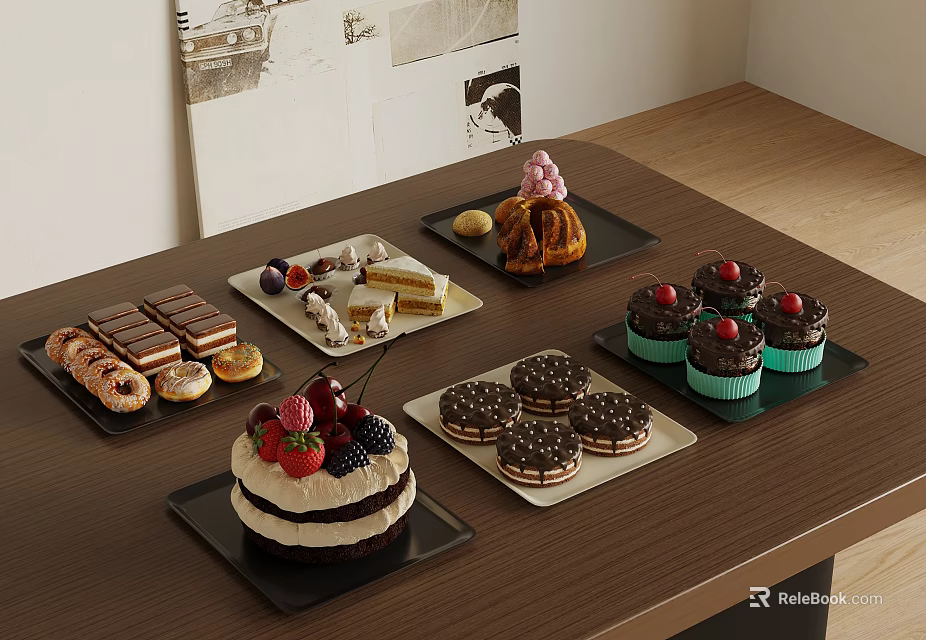 Assorted Desserts Display With Cake Cupcakes Chocolate And Fruits On Wooden Table 3d model 