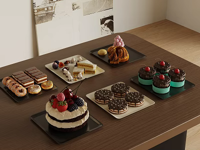 Assorted Desserts Display With Cake Cupcakes Chocolate And Fruits On Wooden Table 3d model