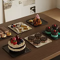 Assorted Desserts Display With Cake Cupcakes Chocolate And Fruits On Wooden Table