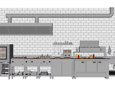 Industrial Commercial Kitchen Interior With Brick Wall Range Hood And Stainless Steel Cabinets 3d model