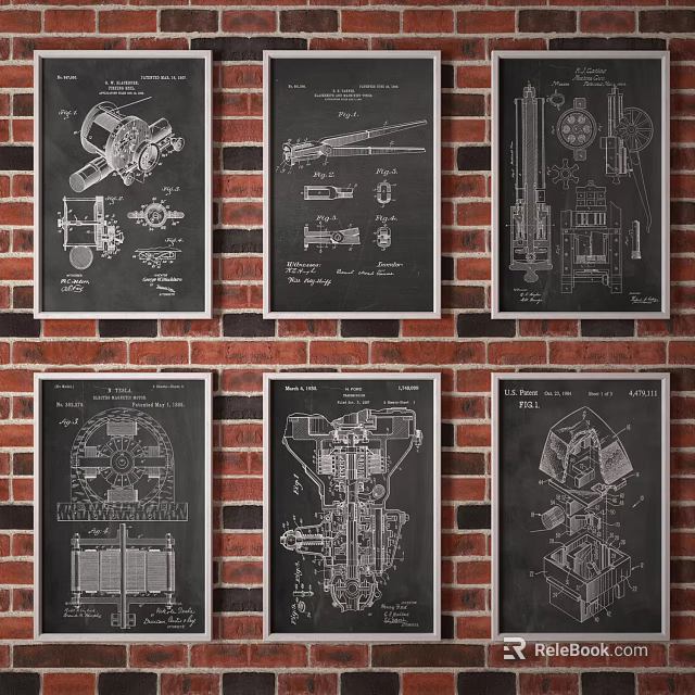 Vintage Mechanical Blueprint Prints in Black Frames on Brick Wall 3d model