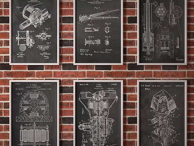 Vintage Mechanical Blueprint Prints in Black Frames on Brick Wall 3d model