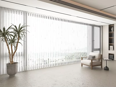 White Blinds for Floor to Ceiling Window in Modern Living Room with Potted Plant Armchair 3d model