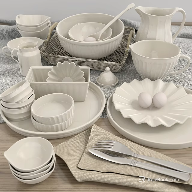White Ceramic Dinnerware Set Including Bowls Plates Mugs And Egg Holder On Linen Kitchen Table 3d model 