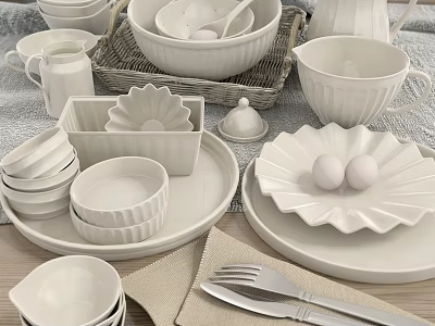 White Ceramic Dinnerware Set Including Bowls Plates Mugs And Egg Holder On Linen Kitchen Table 3d model