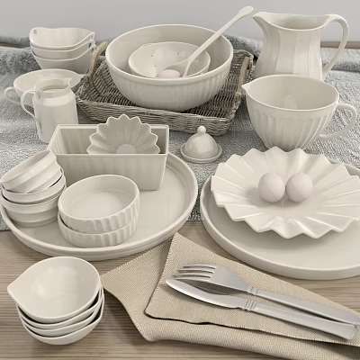 White Ceramic Dinnerware Set Including Bowls Plates Mugs And Egg Holder On Linen Kitchen Table 3d model