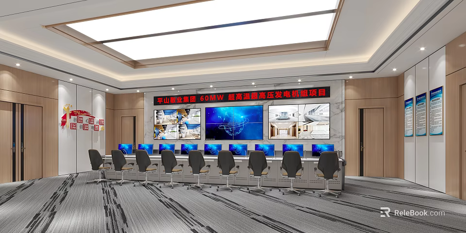 Modern Control Room Interior With Multiple Monitor Screens And Ergonomic Chairs Setup 3d model 