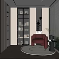 Modern Study Room Interior With Built in Bookshelves Red Armchair Round Rug And Large Windows