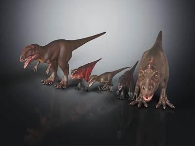 Dinosaur Models Collection Featuring Different Species And Various Sizes On Dark Reflective Surface 3d model