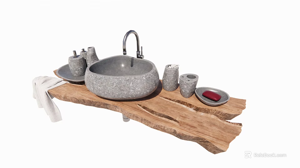 Natural Rustic Stone Sink Setup On Wooden Countertop With Toiletries And Soap Dish 3d model 