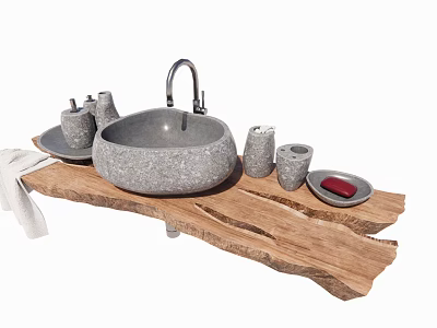 Natural Rustic Stone Sink Setup On Wooden Countertop With Toiletries And Soap Dish 3d model