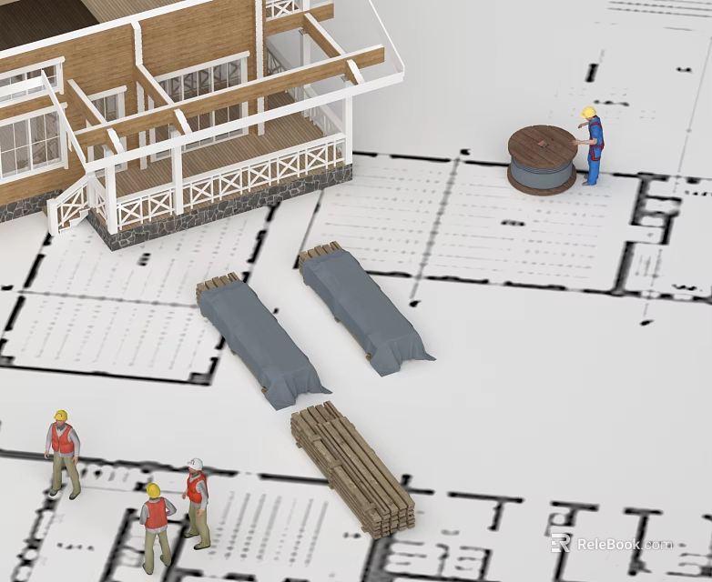 Building Model Construction Site With Workers Blueprints Wooden Sticks And Rolled Materials 3d model 