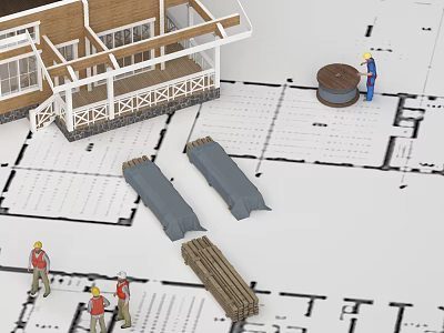 Building Model Construction Site With Workers Blueprints Wooden Sticks And Rolled Materials 3d model