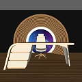 Modern Office Desk With Curved White Surface Round Wooden Backdrop Purple Blue Background And Chair
