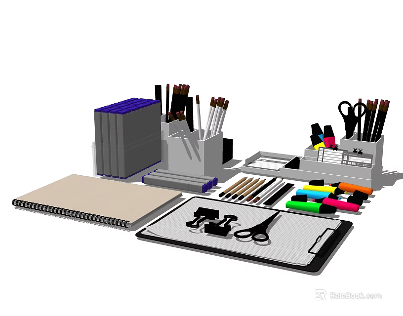 Essential Office Stationery Set With Notebook Folders Scissors Pens Paper Clips And Colored Markers 3d model 