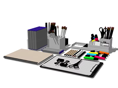 Essential Office Stationery Set With Notebook Folders Scissors Pens Paper Clips And Colored Markers 3d model
