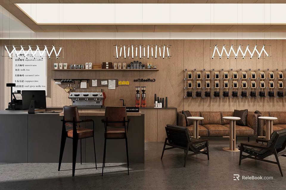 Café Interior Design with Wooden Walls Coffee Machine and Bean Displays Seating Area 3d model 