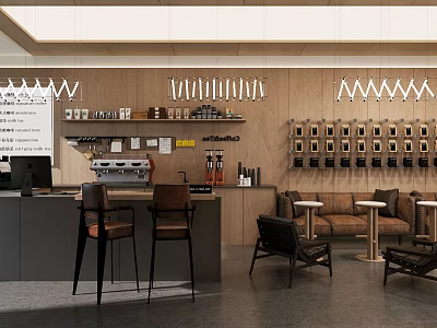 Café Interior Design with Wooden Walls Coffee Machine and Bean Displays Seating Area 3d model