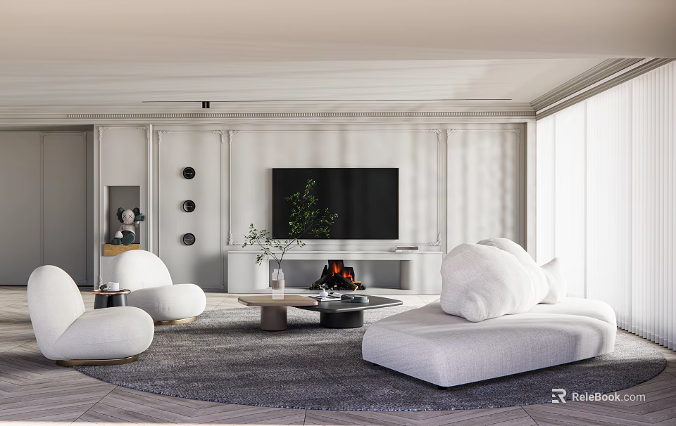 Modern Living Room Interior With White Sofa Armchairs Fireplace TV Coffee Table And Green Plant 3d model 