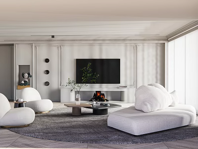 Modern Living Room Interior With White Sofa Armchairs Fireplace TV Coffee Table And Green Plant 3d model