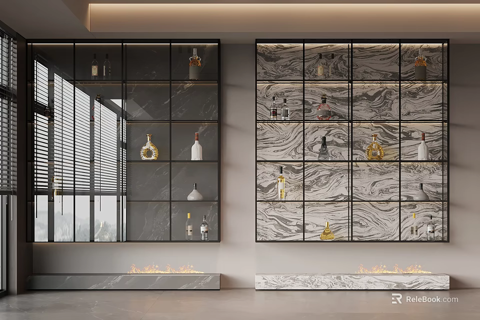 Elegant Modern Wine Cabinet With Glass Doors And Marble Display Shelves 3d model 
