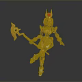 Humanoid Figure In Golden Armor With Black Details And Red Decorated Helmet Holding Axe