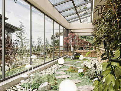 Modern Villa Balcony With Glass Roof Large Windows Green Plants Stone Path And Outdoor View 3d model