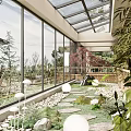 Modern Villa Balcony With Glass Roof Large Windows Green Plants Stone Path And Outdoor View