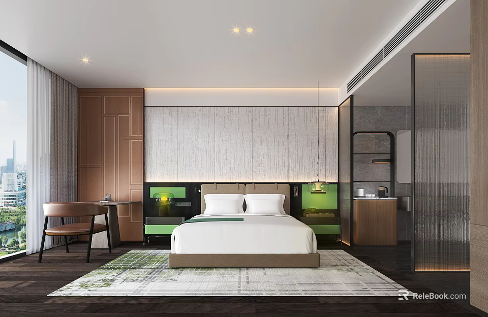Modern Hotel Room Interior With Wooden Furniture Comfortable Bed Green Accents And Area Rug 3d model 