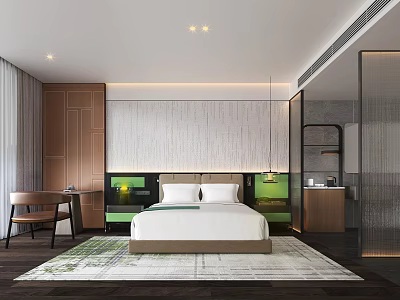 Modern Hotel Room Interior With Wooden Furniture Comfortable Bed Green Accents And Area Rug 3d model