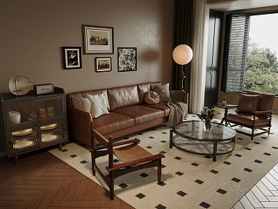 Warm Living Room With Brown Leather Sofa Glass Coffee Table Checkered Rug And Decorative Paintings 3d model