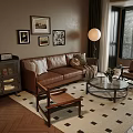 Warm Living Room With Brown Leather Sofa Glass Coffee Table Checkered Rug And Decorative Paintings